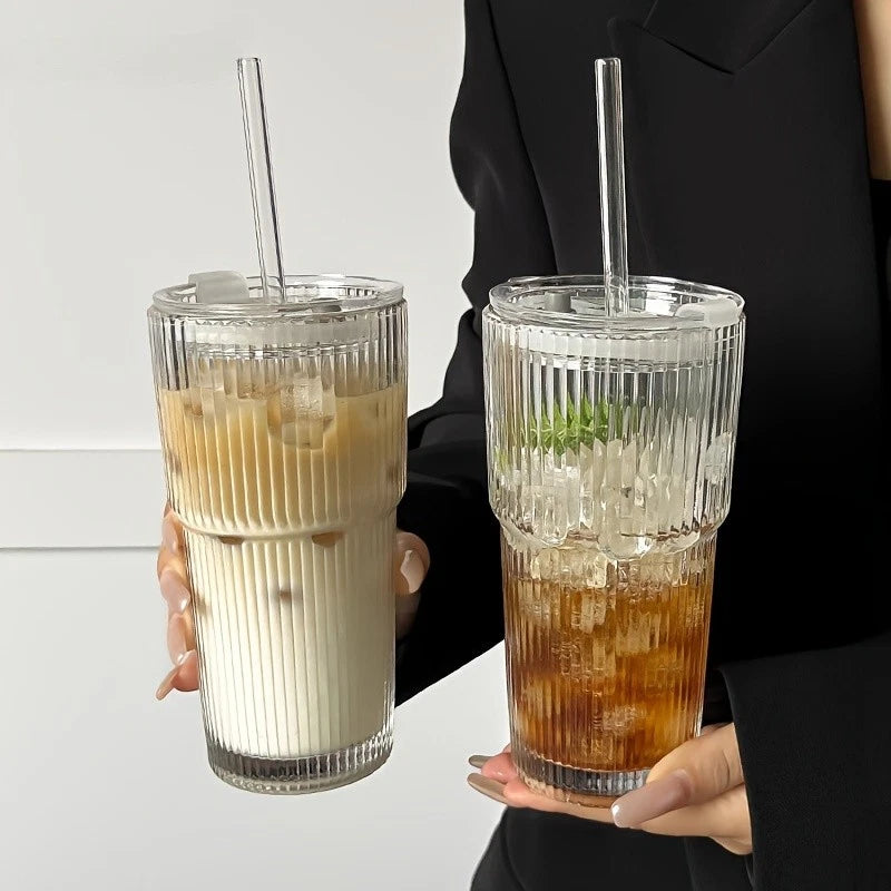 Large Ribbed Glass Iced Coffee Cups Reusable Clear Drinking Glasses Mug Gift
