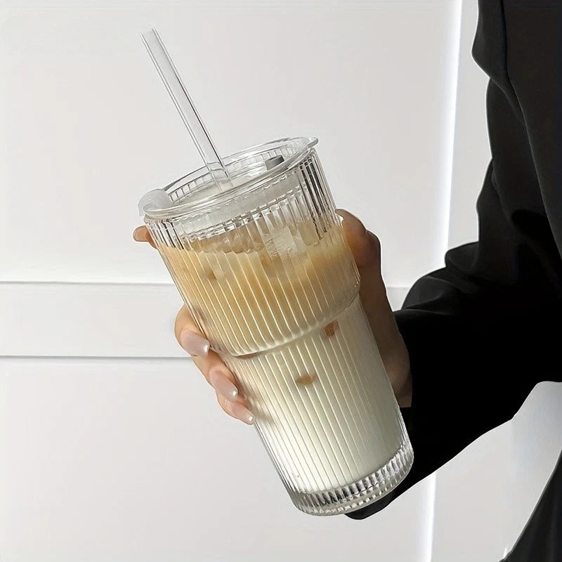 Large Ribbed Glass Iced Coffee Cups Reusable Clear Drinking Glasses Mug Gift