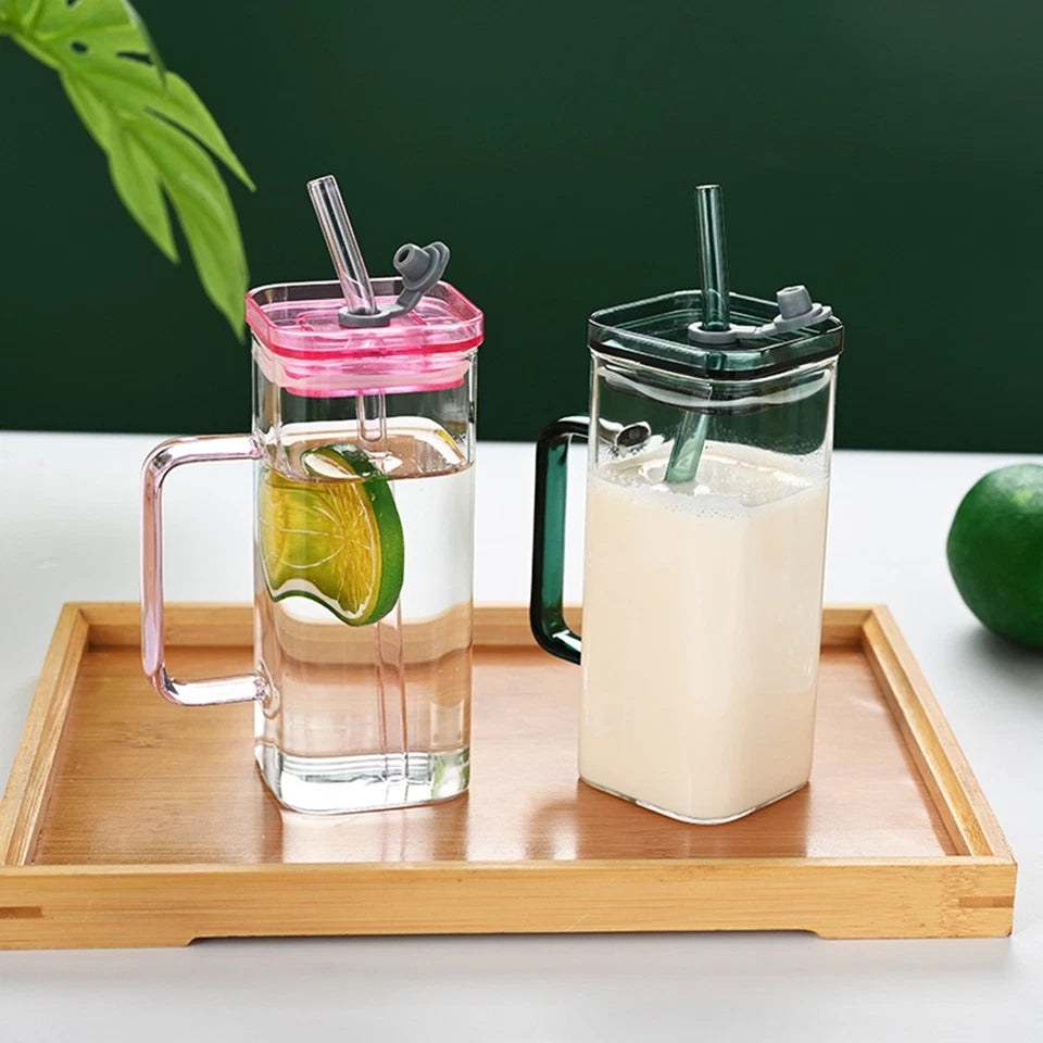 1 Pcs Pink Glass Straw Cup, 6 Colors Square Glass Cup With Straw And Lid, High B
